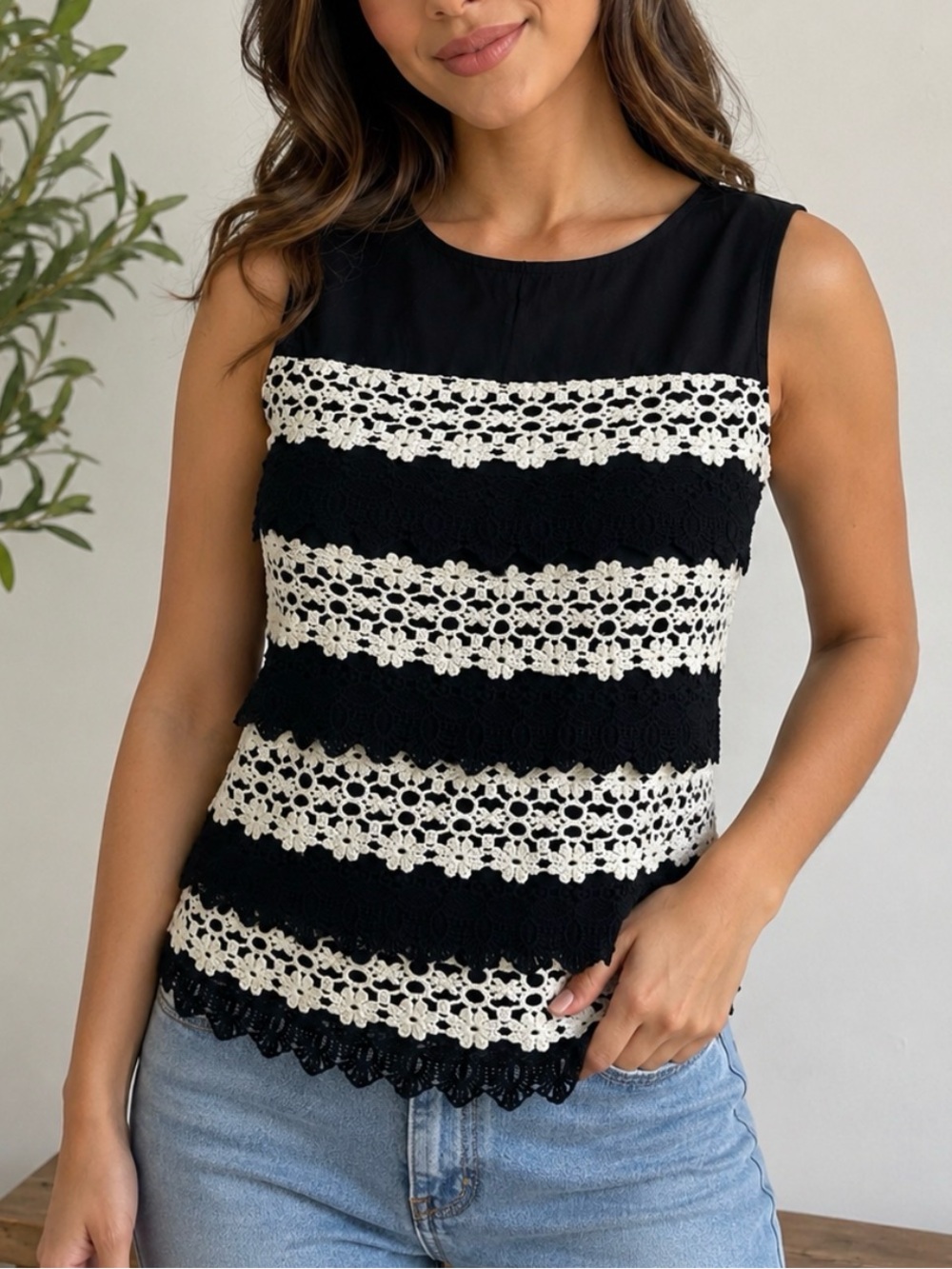 Adiva Black & Cream Crochet Stripe Sleeveless Tank